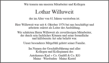 Traueranzeige von Lothar Willuweit von Trauerportal Rhein Main Presse