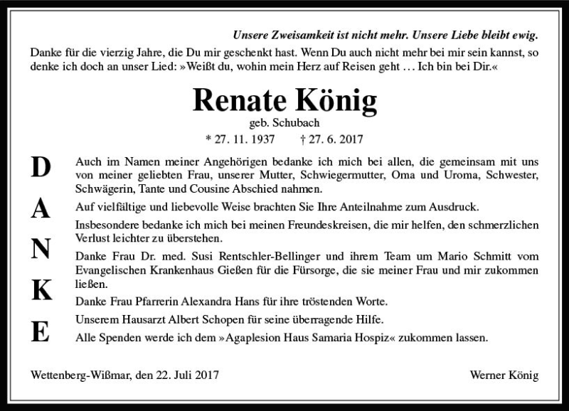  Traueranzeige für Renate König vom 22.07.2017 aus  Gießener Anzeiger