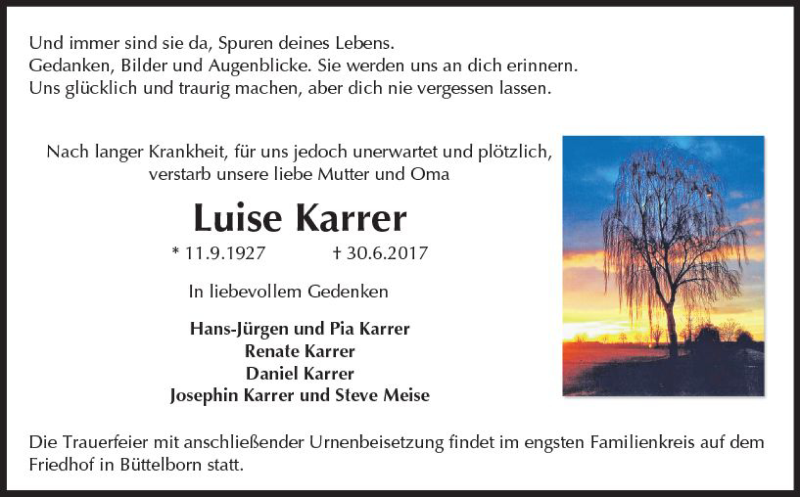  Traueranzeige für Luise Karrer vom 12.07.2017 aus Trauerportal Echo Online