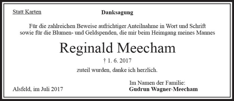  Traueranzeige für Reginald Meecham vom 22.07.2017 aus VRM Trauer