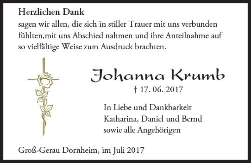  Traueranzeige für Johanna Krumb vom 22.07.2017 aus Trauerportal Echo Online