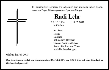 Traueranzeige von Rudi Lehr von  Gießener Anzeiger