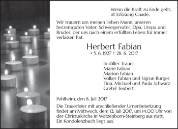 Traueranzeige von Herbert Fabian von  Gießener Anzeiger