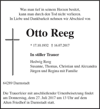 Traueranzeige von Otto Reeg von Trauerportal Echo Online
