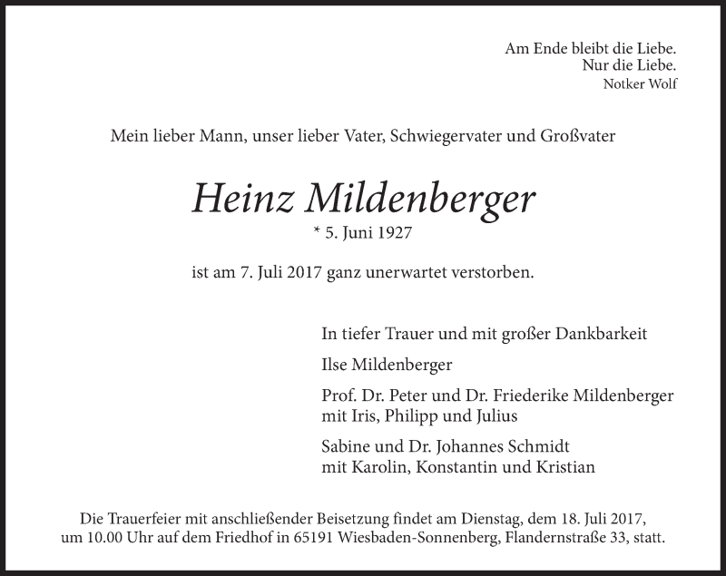  Traueranzeige für Heinz Mildenberger vom 15.07.2017 aus Trauerportal Rhein Main Presse
