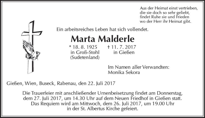  Traueranzeige für Marta Malderle vom 22.07.2017 aus  Gießener Anzeiger