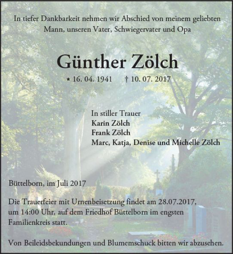  Traueranzeige für Günther Zölch vom 25.07.2017 aus Trauerportal Echo Online