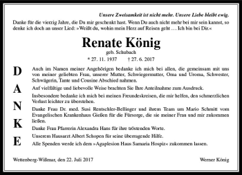 Traueranzeige von Renate König von  Gießener Anzeiger