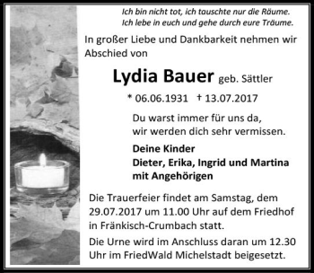 Traueranzeige von Lydia Bauer von Trauerportal Echo Online