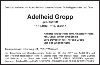 Traueranzeige von Adelheid Gropp von Trauerportal Rhein Main Presse
