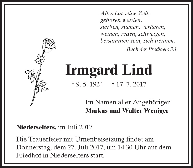  Traueranzeige für Irmgard Lind vom 20.07.2017 aus  Camberger Anzeiger