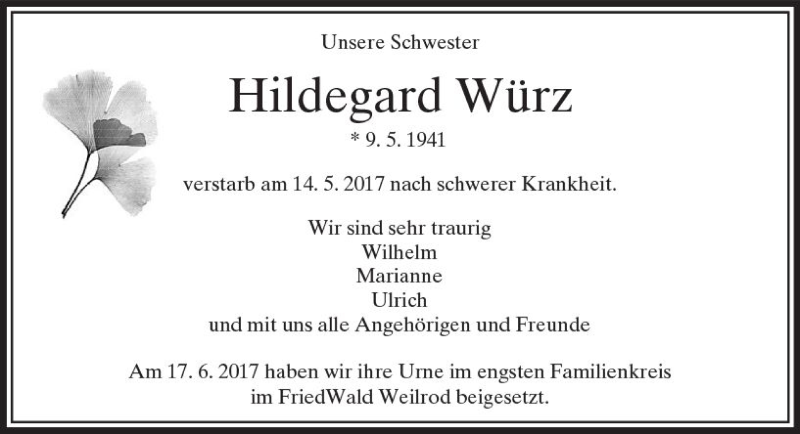  Traueranzeige für Hildegard Würz vom 01.07.2017 aus  Usinger Anzeiger