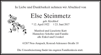 Traueranzeige von Else Steinmetz von  Usinger Anzeiger