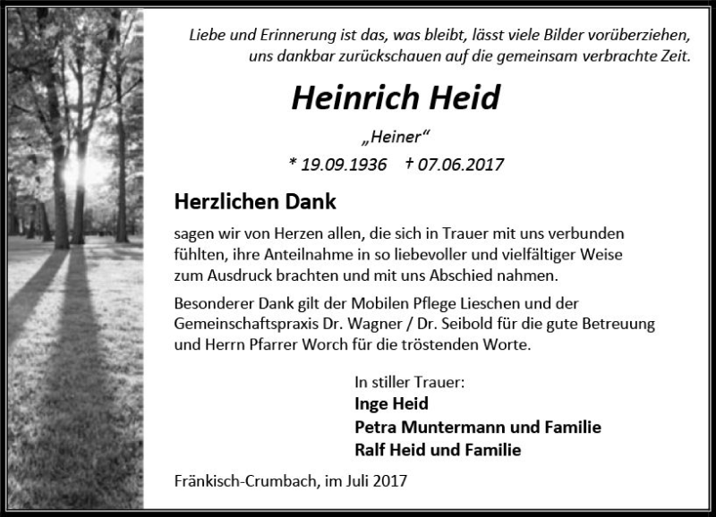  Traueranzeige für Heinrich Heid vom 08.07.2017 aus Trauerportal Echo Online