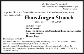 Traueranzeige von Hans Jürgen Strauch von Trauerportal Echo Online