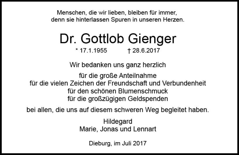  Traueranzeige für Gottlob Gienger vom 15.07.2017 aus Trauerportal Echo Online