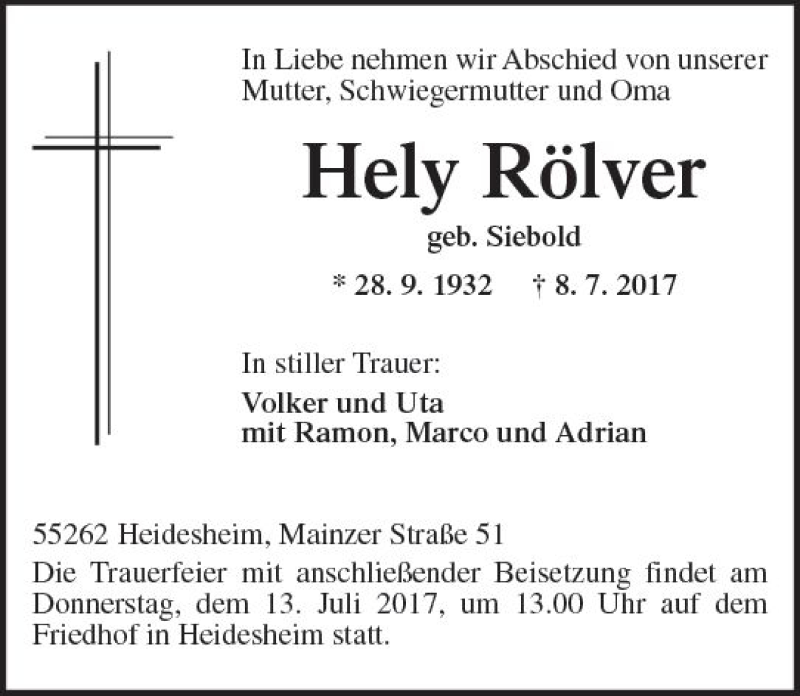  Traueranzeige für Hely Rölver vom 11.07.2017 aus Trauerportal Rhein Main Presse