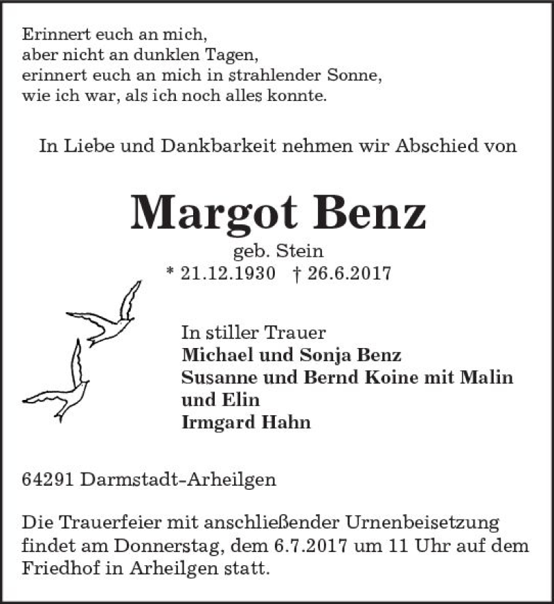  Traueranzeige für Margot Benz vom 01.07.2017 aus Trauerportal Echo Online