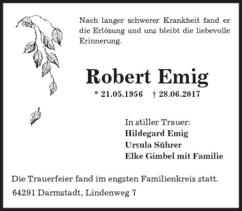 Traueranzeige von Robert Emig von Trauerportal Echo Online