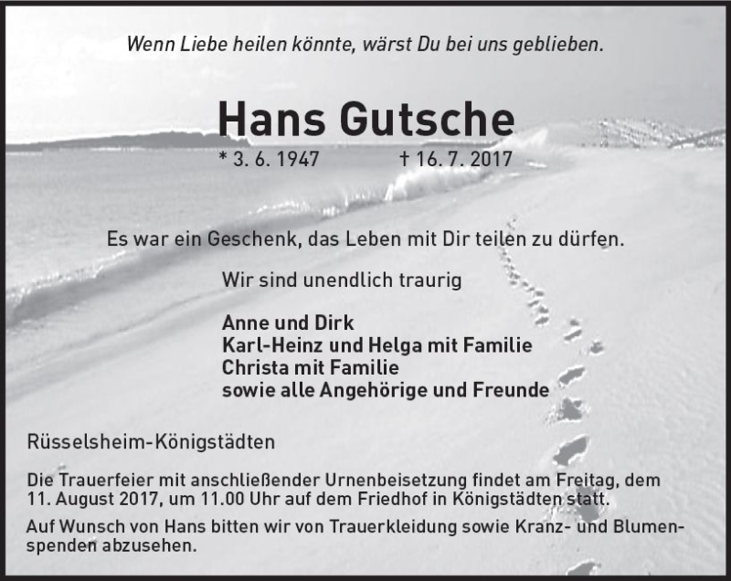  Traueranzeige für Hans Gutsche vom 21.07.2017 aus Trauerportal Rhein Main Presse