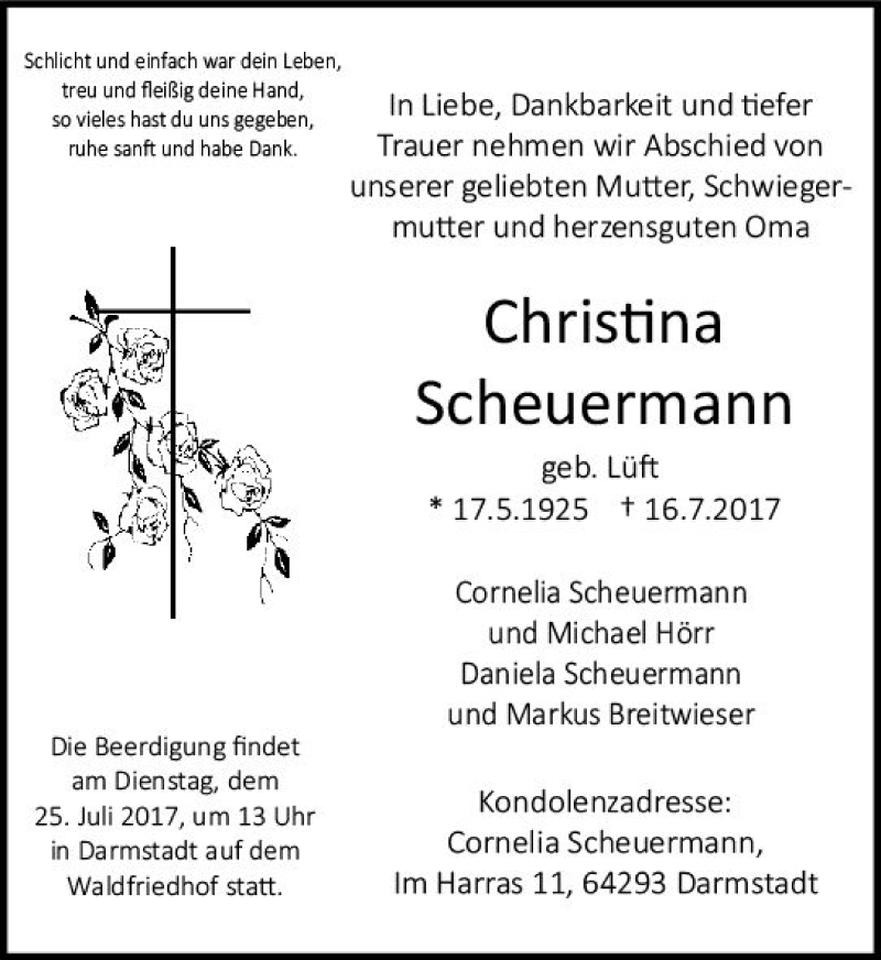  Traueranzeige für Christina Scheuermann vom 22.07.2017 aus Trauerportal Echo Online