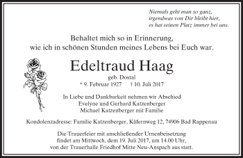 Traueranzeige von Edeltraud Haag von  Usinger Anzeiger