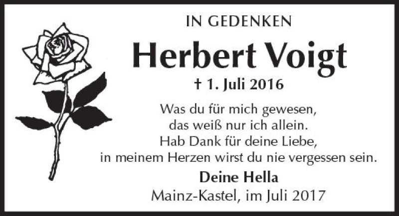  Traueranzeige für Herbert Voigt vom 01.07.2017 aus Trauerportal Rhein Main Presse