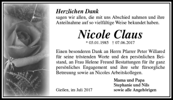 Traueranzeige von Nicole Claus von  Gießener Anzeiger