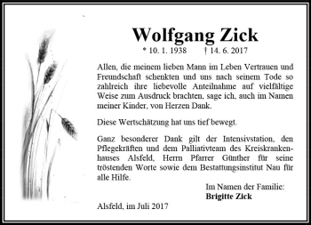 Traueranzeige von Wolfgang Zick von VRM Trauer