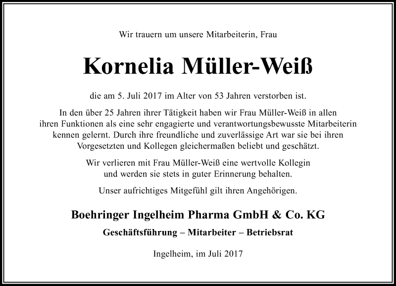  Traueranzeige für Kornelia Müller-Weiß vom 15.07.2017 aus Trauerportal Rhein Main Presse
