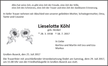 Traueranzeige von Lieselotte Köhl von  Gießener Anzeiger