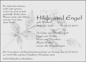 Traueranzeige von Hildegard Engel von Trauerportal Echo Online