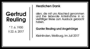 Traueranzeige von Gertrud Reuling von  Gießener Anzeiger