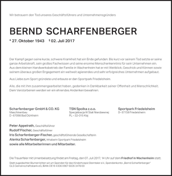 Traueranzeige von Bernd Scharfenberger von Trauerportal Rhein Main Presse