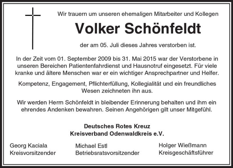  Traueranzeige für Volker Schönfeldt vom 12.07.2017 aus Trauerportal Echo Online