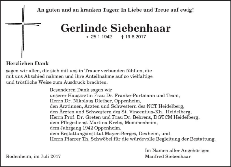  Traueranzeige für Gerlinde Siebenhaar vom 07.07.2017 aus Trauerportal Rhein Main Presse