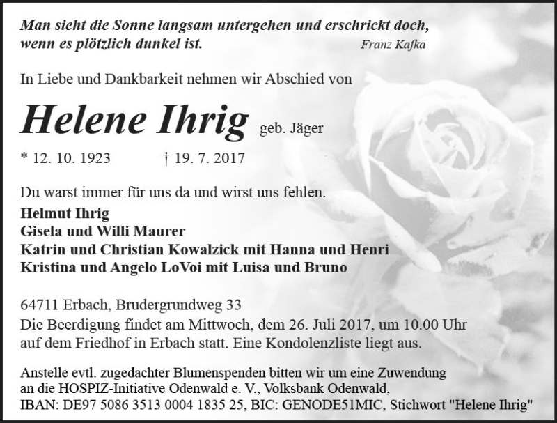  Traueranzeige für Helene Ihrig vom 22.07.2017 aus Trauerportal Echo Online
