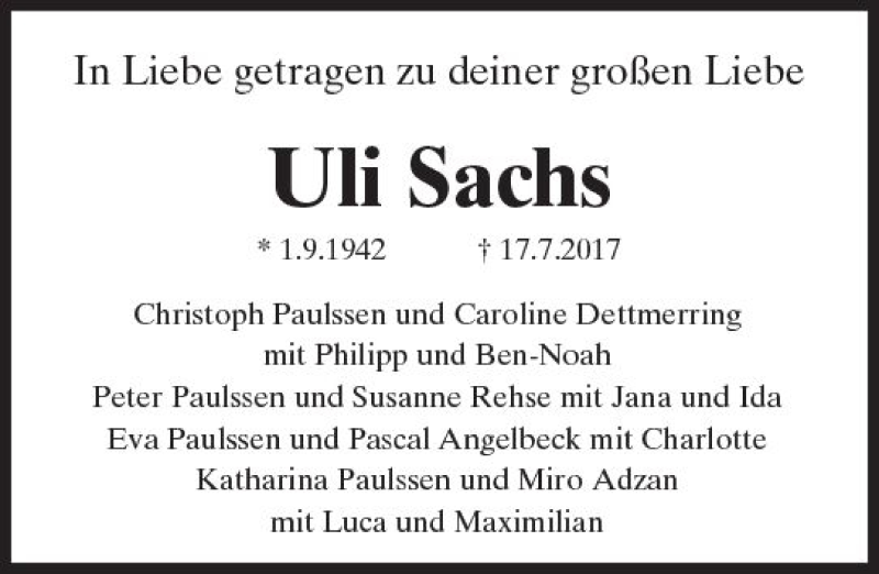  Traueranzeige für Ulrich Sachs vom 22.07.2017 aus Trauerportal Echo Online