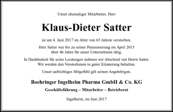 Traueranzeige von Klaus-Dieter Satter von Trauerportal Rhein Main Presse