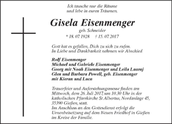 Traueranzeige von Gisela Eisenmenger von  Gießener Anzeiger