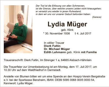 Traueranzeige von Lydia Müger von Trauerportal Echo Online