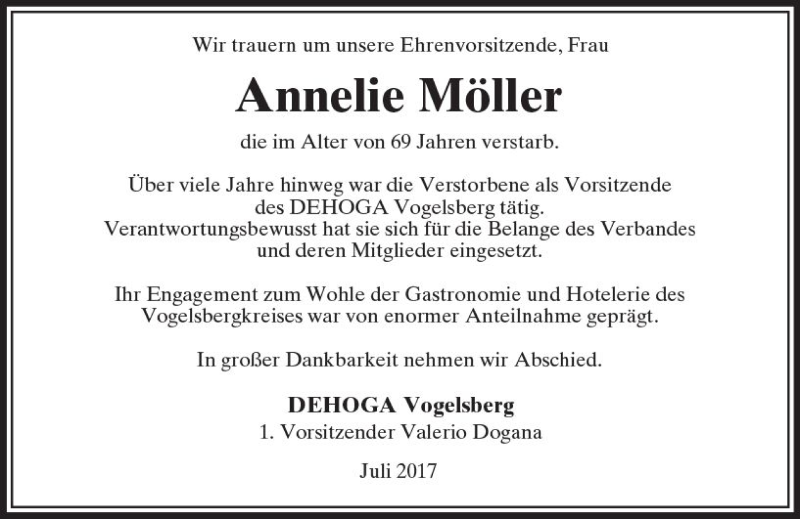  Traueranzeige für Annelie Möller vom 27.07.2017 aus VRM Trauer