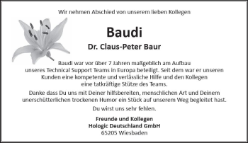 Traueranzeige von Claus-Peter Baur von Trauerportal Rhein Main Presse