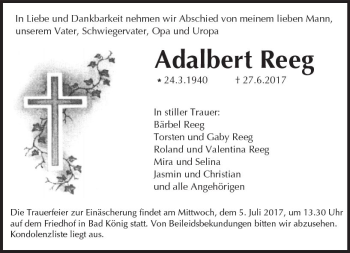 Traueranzeige von Adalbert Reeg von Trauerportal Echo Online