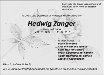 Traueranzeige von Hedwig Zanger von Trauerportal Echo Online