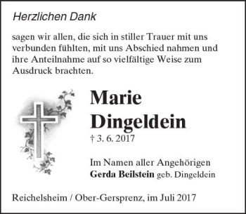 Traueranzeige von Marie Dingeldein von Trauerportal Echo Online
