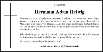 Traueranzeige von Hermann Adam Helwig von Trauerportal Echo Online