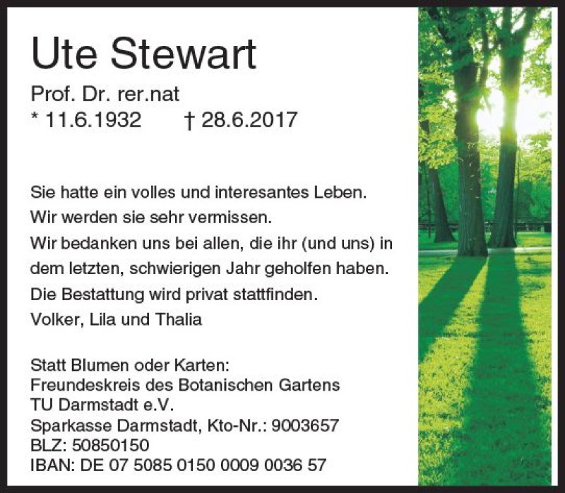  Traueranzeige für Ute Stewart vom 15.07.2017 aus Trauerportal Echo Online