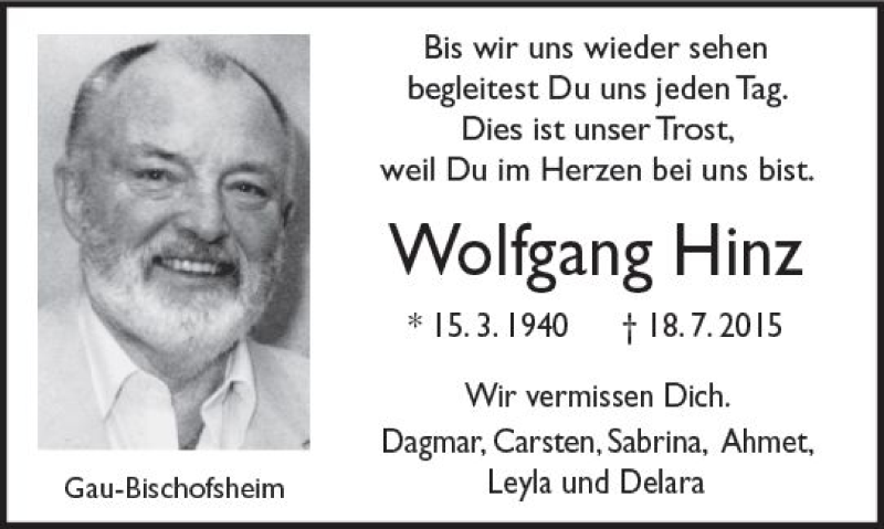  Traueranzeige für Wolfgang Hinz vom 18.07.2017 aus Trauerportal Rhein Main Presse