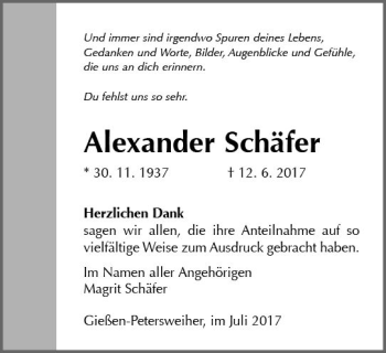 Traueranzeige von Alexander Schäfer von  Gießener Anzeiger